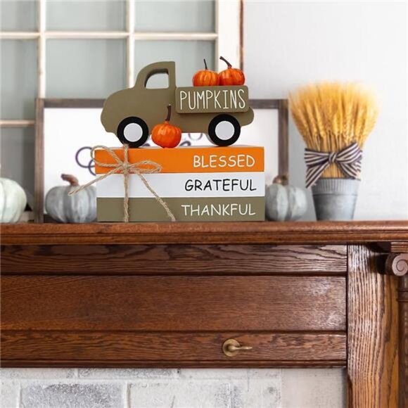 Fall Table Decor, Farmhouse Wooden Fall Signs with Book Stack, 3D Truck - Picture 2 of 7